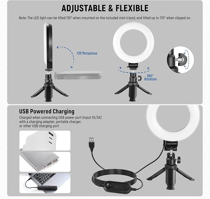 NEEWER BASICS 5" Ring Light for Video Conference Lighting, 2 Pack Clip on Light Kit with Desk Tripod Stands for Monitor Laptop Computer Zoom Call Live Streaming Recording Remote Working Learning, BR60