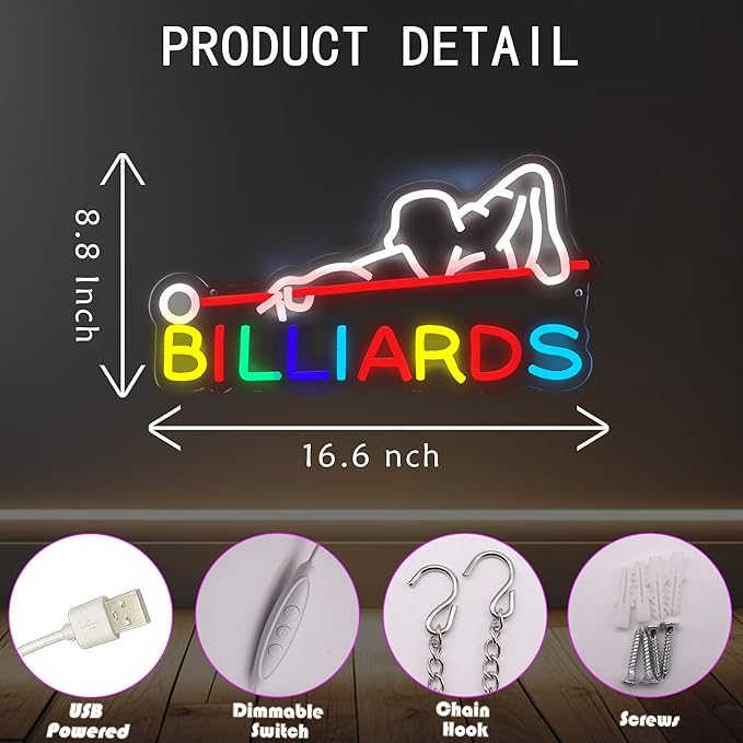 Billiards Neon Sign, USB Powered LED Pool Room Decor | Pool Hall Wall Decor for Game Room, Man Cave, Bar, Party Decoration and Billiards Player Gift