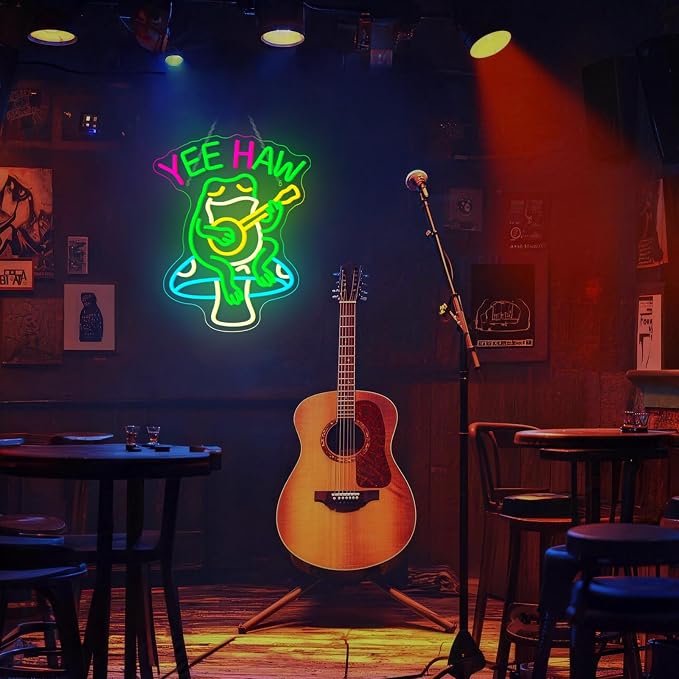 Yee Haw Frog Neon Sign Cowboy LED Light Bar Decor Man Cave | Dimmable Funny Frog Guitar Light Up Sign for Pubs, Game Rooms, Music Rooms & Cowboy Fans, LED Wall Decor, Easy Mount, USB