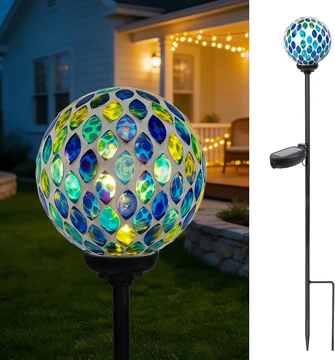 VCUTEKA Decorative Solar Garden Lights, 3.5" Mosaic Globe Outdoor Stake | Mosaic Glass Globe Design, Solar LED Light, Waterproof Design, Auto On/Off and Metal Stake Design for Lawn and Patio