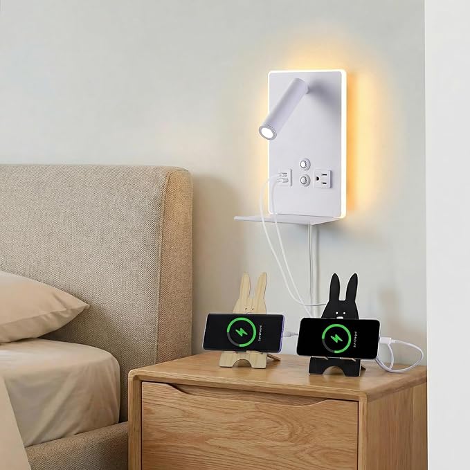 Wall Mounted Reading Light with Shelf - 3 Color Dimmable LED, 360° Adjustable Wall Lamp for Bedroom/Study, Touch Control (White)
