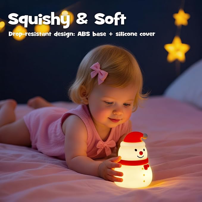 Squishy Christmas Snowman Night Light with RGB Modes Dimmable Nursery Breastfeeding Nightlight Hangable Cute Christmas Lamp Novelty Rechargeable Silicone Touch Bedside Lamp for Bedroom Dorm Decor