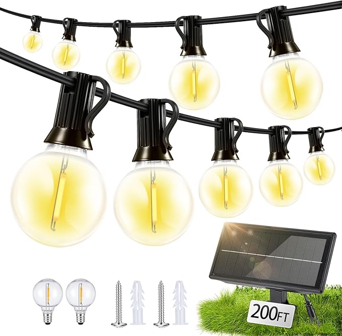 Solar Lights Outdoor Waterproof: G40 60M 200FT Shatterproof Bulbs Patio Lights - Solar Powered 3 Light Modes Solar Light - Camping Backyard Garden Deck Outside Yard