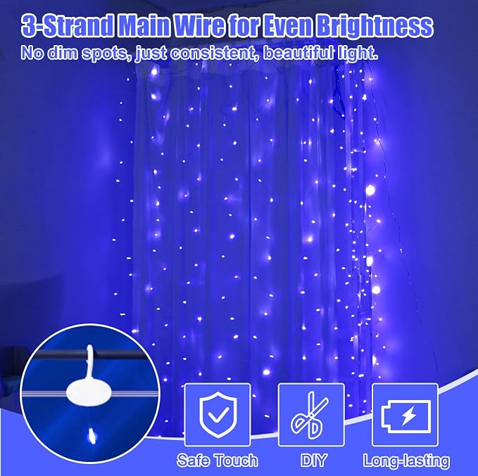 Fairy Curtain Light, 600LED 19.6x9.8ft, Remote & 8 Modes, USB | Window Hanging String Light, Silver Copper Wire, For Bedroom, Wedding, Party, Backdrop, Window, Xmas Decor, Blue
