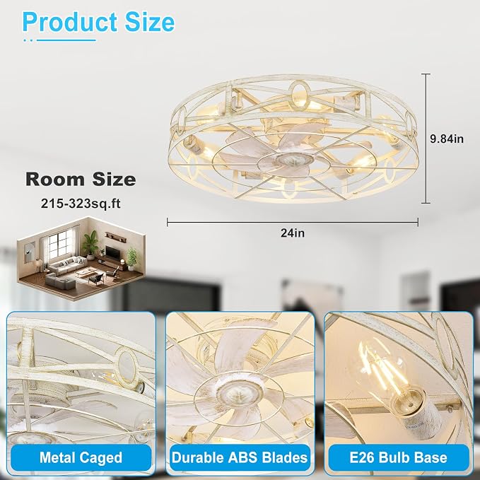 Depuley Flush Mount Ceiling Fan: 24" Caged Ceiling Fans with Remote Control for Patio Kitchen Bedroom - Low Profile Fandelier Lights Fixture Reversible 6 Speed Timer Cement 6*E26 Bulb Not Included