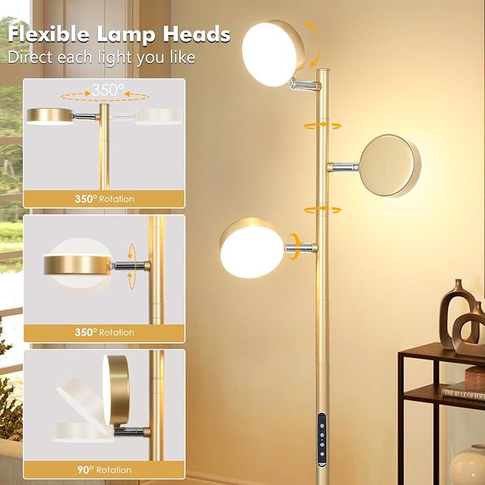 Tree Floor Lamp for Living Room - Modern Gold Standing Lamp | LED Floor Light with Remote & Touch, 3000K-6000K Dimmable for Bedroom Office Reading (3 Head)