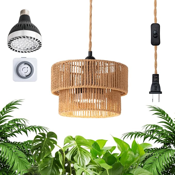 Hanging Grow Light, 30W LED Lamp with Timer for Indoor Plants | 4000K LED plant lamp with 15 ft cord, outlet timer, and boho paper rope shade for succulents, herbs, and low-light rooms.