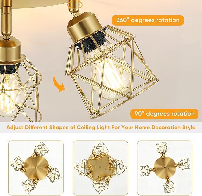 Baocuz 4-Light Brushed Gold Kitchen Light Fixtures Ceiling Mount, Adjustable Flush Mount Ceiling Light, Farmhouse Close to Multi-Directional Lamp for Kitchen, Hallway, Dining Room