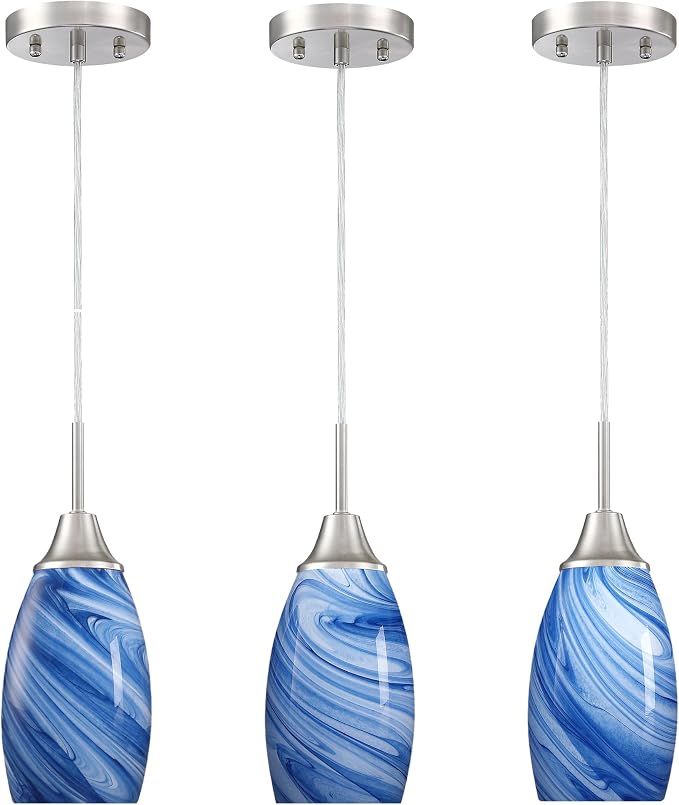 Viinew Mini Glass Pendant Light,Blue Marble Glass Pendant Light 3-Pack | Dark Blue Marble Art Glass Hanging Light,4.72" Handblown Oval Shade Adjustable Cord Ceiling Light for Kitchen