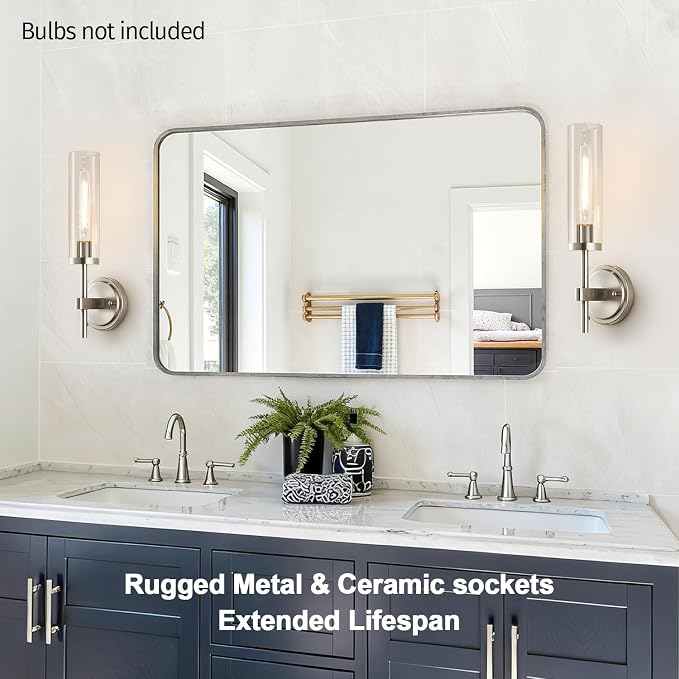 MOKATNG Wall Sconces Set of Two, Brushed Nickel Bathroom Sconces with Clear Glass, Hardwired Sconces Wall Decor Set of 2, Modern Wall Light Fixtures for Bathroom Mirror Living Room Bedroom Hallway