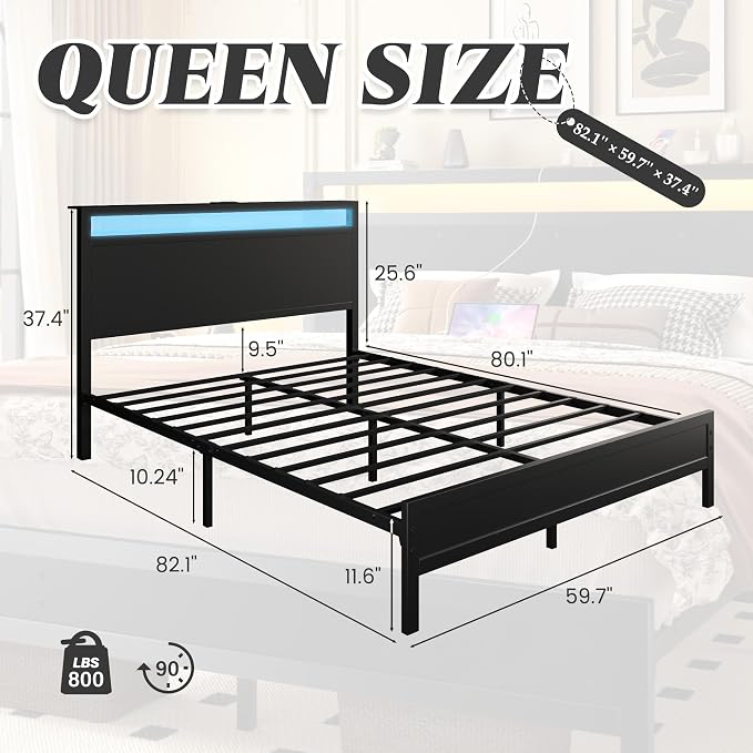 Fluest Queen Bed Frame with Headboard & Footboard, Bed Frame with Built-in Charging Station & LED Light, Storage Shelf, Noise-Free, No Box Spring Needed, Easy Assembly, Classic Black