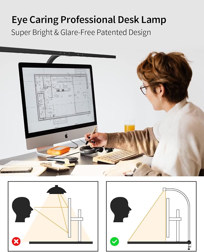 Desk Lamps for Home Office, 24W Extra Bright Office Desk Lighting, 31.5" Wide Modern Black Desk Lights with Auto Dimming Memory Function, Stepless Dimming Task lamp for Workbench Monitor