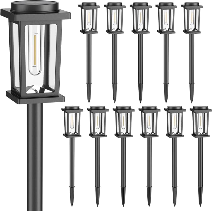Melunar Solar Pathway Lights Outdoor, 12 Pack Solar Powered Garden Lights Waterproof, Auto On/Off Outdoor Landscape Lights for Patio, Walkway, Driveway, Lawn, Pool Decor. (Cold White)
