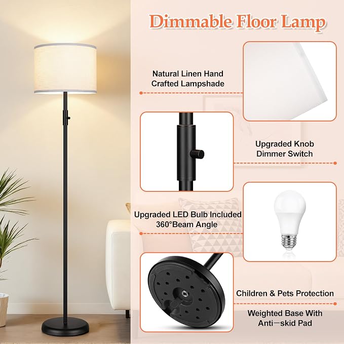 【Upgraded】 Dimmable Floor Lamp, Modern Floor Lamps Simple Design with White Shade for Living Room, Tall Standing Lamp for Bedroom Office Dining Room, Black Pole Lamp