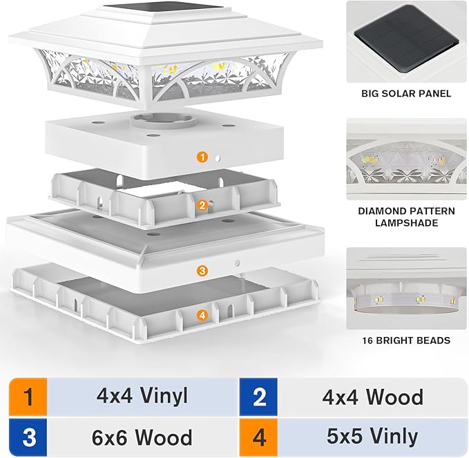 APONUO Solar Post Cap Lights 16 Pack - 4x4 5x5 6x6 Fence Post Lights, Auto On/Off, Waterproof IP64, 2-Mode (Warm/Cool White), Deck Patio Yard Solar Light for Wood & Vinyl Posts, White