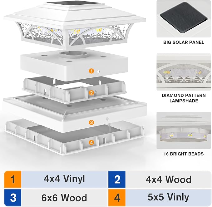 APONUO Solar Post Cap Lights 6 Pack - 4x4 5x5 6x6 Fence Post Lights, Auto On/Off, Waterproof IP64, 2-Mode (Warm/Cool White), Deck Patio Yard Solar Light for Wood & Vinyl Posts, White