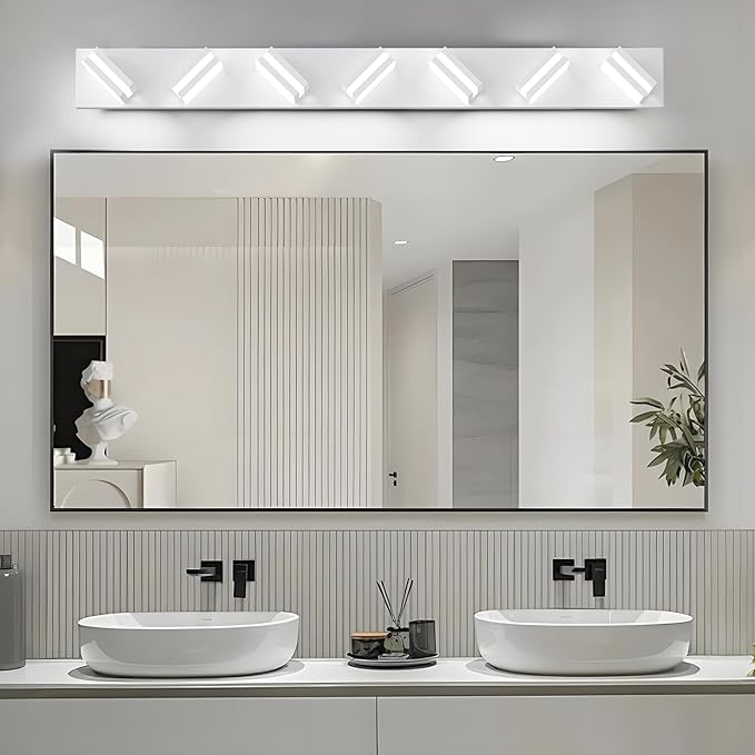 IZORRO LED Modern Bathroom Lights Fixtures(7-Light,Dimmable),Matte White Acrylic Wall Lighting,Vanity Lights for Bathroom Over Mirror - 6000k 40In （No Assembly Required）