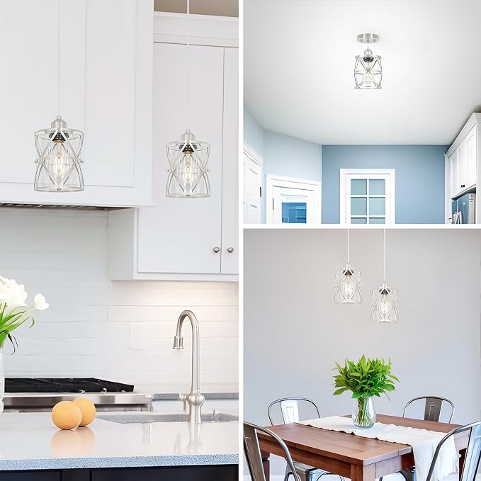 Brushed Nickel Pendant Lights for Kitchen Island, 2 Pack Adjustable Bathroom Pendant Light, Modern Hanging Lights with Clear Glass for Dining Room Island Sink, E26 Base,5.51'' Shade 59.06''Cord