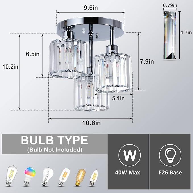 PAUFUL Semi Flush Mount Ceiling Light,3-Light Modern Close to Ceiling Light Fixtures,Kitchen Light with Clear Crystal Shades, Hallway Light Fixtures for Kitchen Entryway Bedroom Bathroom Foyer