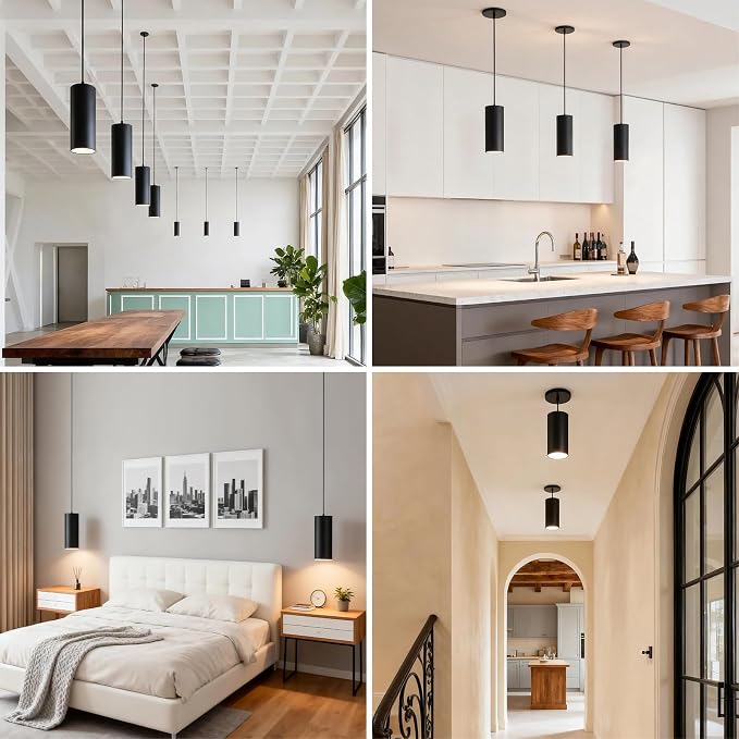 3.43" Pendant Lights Kitchen Island, 25W Cylinder Hanging Lights with Dipswitch, Modern Eye Care Led Pendant Lamp fixtures for Bedroom, Living Room, Office (Black, 3.43 Inch 2 Pcs)
