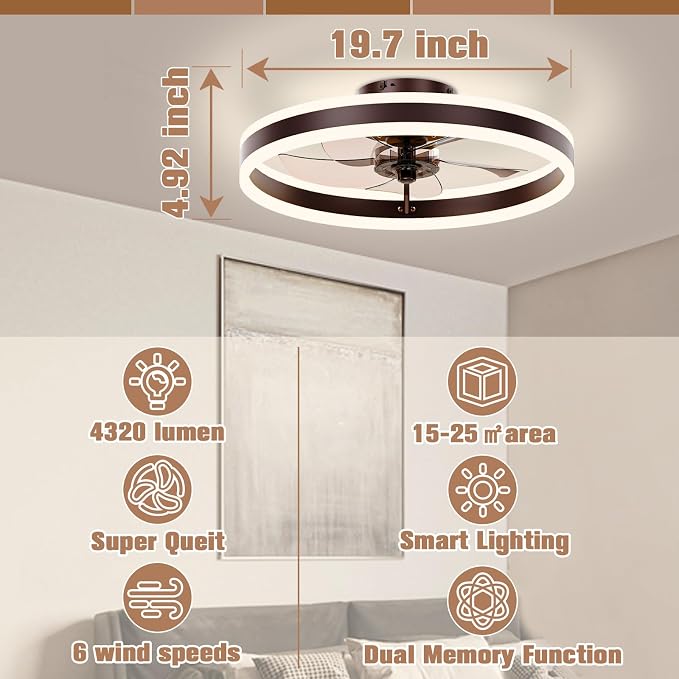 VOLISUN Low Profile Ceiling Fans with Lights and Remote, 19.7in Flush Mount Ceiling Fans with Light, 3000K-6500K Dimmable Fandelier LED Fan Light, Brown Bladeless Ceiling Fans with Lights for Bedroom