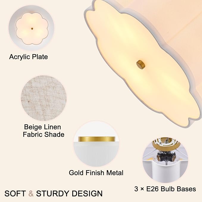 13" Gold Semi Flush Mount Ceiling Light, Linen 3-Light Fixture | White Linen Petal Shade, Modern Gold Style For Bedroom, Hallway,Dining, And Kitchen; Close-To-Ceiling, E26 Base, Easy Install