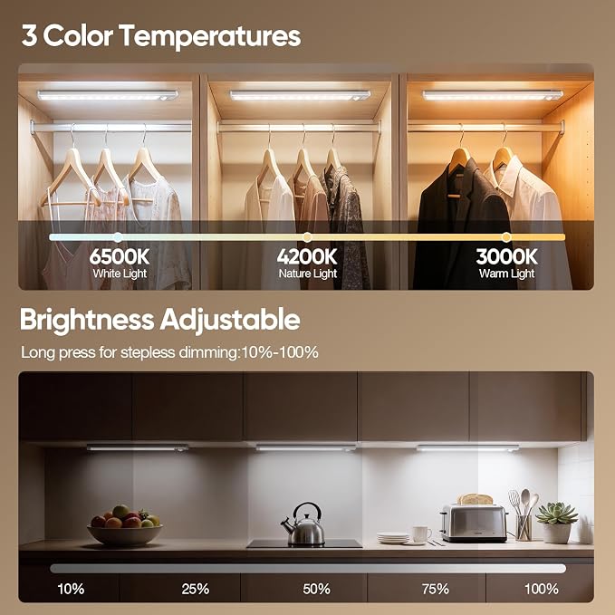10.5inch Under Cabinet Lighting Wireless, Motion Sensor Light Indoor 3PCS | 3 Color Temps & 5 Level Brightness, Rechargeable Magnetic Closet Light Under Counter Lights for Kitchen, Bedroom, Stair