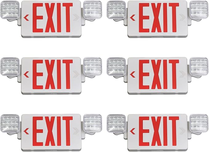 Red LED Exit Sign Emergency Light Combo, UL Listed Battery Backup | UL-listed commercial fire exit sign features 90-min battery backup, 360° rotating dual heads, and easy dual-mount setup.
