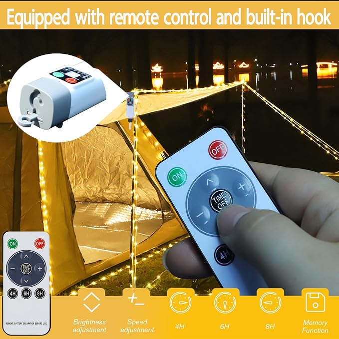 Rechargeable Fairy Lights Plug In 33FT 100 LED,8 Modes Fairy Lights Battery Operated with Remote Timer USB Charging, IP65 Waterproof Outdoor Camping Lights, for Camping Patio Christmas Bedroom Decor