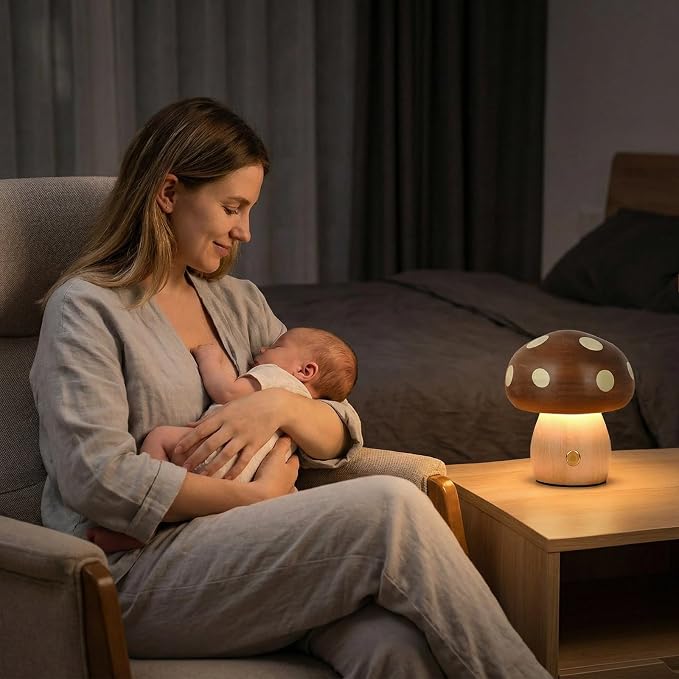 Wood Mushroom Lamp, Rechargeable Small Bedside Lamp, Touch Mushroom Night Light Small lamp for nightstand, Portable Battery Operated Lights for Bedroom Kids Birthday Gifts