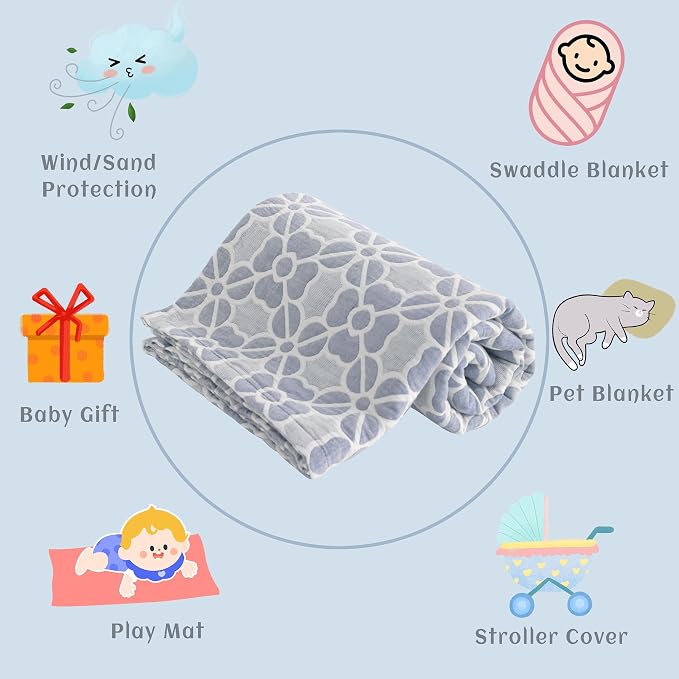 NTBAY 3 Layer Muslin Toddler Blanket, 30 x 40, Blue Clover | Breathable Muslin Cotton Outer Layers with Light Thermal Fill, Reversible for Stroller, Daycare, Travel, and Supervised Use