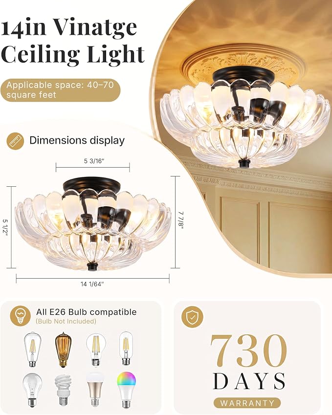 Semi Flush Mount Ceiling Light Fixture 14" Vinatge Black Ceiling Lights Mid Century Modern Clear Glass Close to Ceiling Lighting Fixtures for Bedroom Hallway Kitchen Laundry Room Bathroom