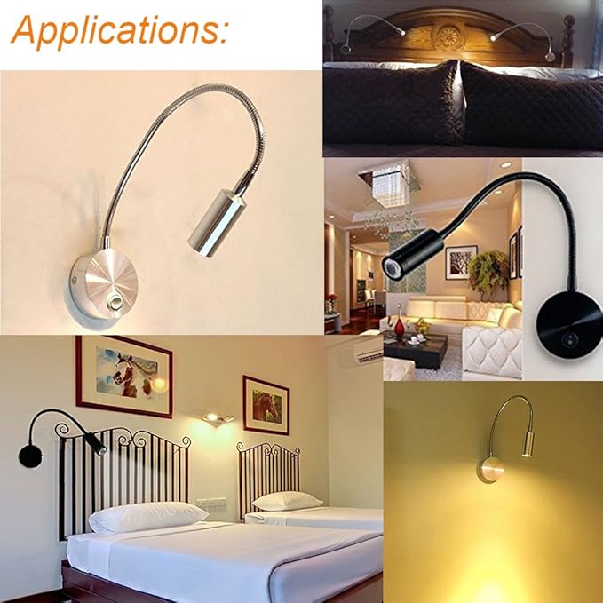 3W Wall Mounted Reading Light Flexible Gooseneck LED Sconce Lamp with Plug & Switch for Bedroom, Office, Workbench, Studio (01 Black Warm)
