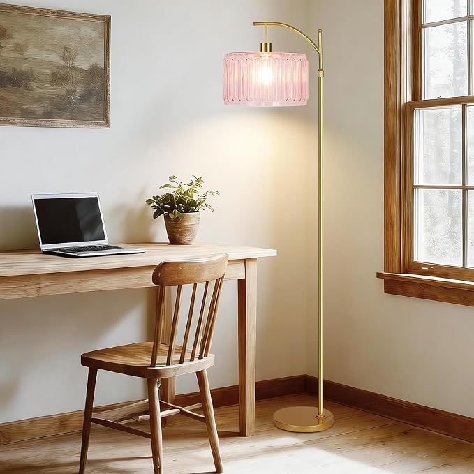 ILLMTW Pink Floor Lamp for Living Room,Bedroom,Gold Dimmable Standing Lamp with Remote,Mid Century Modern Brass Tall Lamp Boho Floor Lamps Arc Stained Glass Flower Floor Light Lamp Girls kids Bohemian
