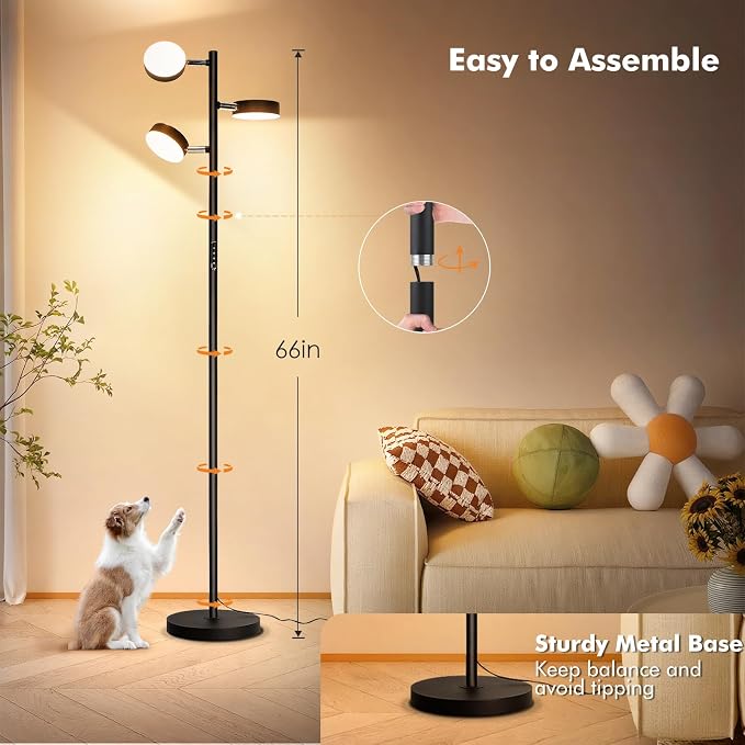 Tree Floor Lamp for Living Room - Modern Black Standing Lamp | LED Floor Light with Remote & Touch, 3000K-6000K Dimmable for Bedroom Office Reading (3 Head)