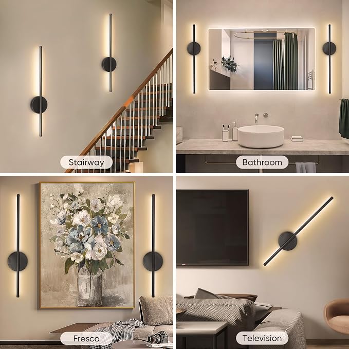 Battery Operated Wall Sconces Set of Two, Wireless Wall Sconces 24 Inch | Rechargeable, Remote Control, Dimmable, Cordless Wall Light Decor for Living Room, Bathroom, Hallway, Timing, Black