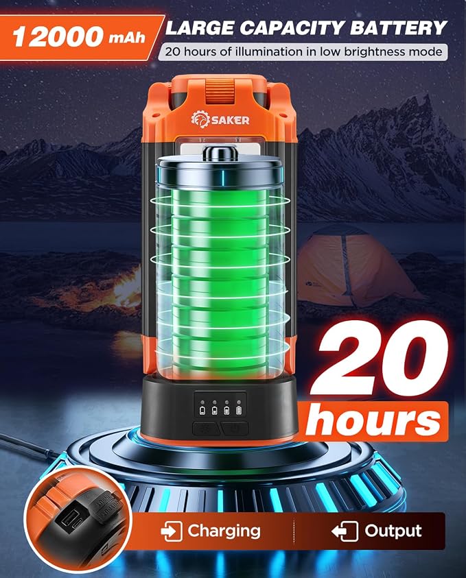Saker Portable Camping Light with Stand 12000mAh 73.2" Work Light LD10 | 3200 Lumen,with Bag, Adjustable Height,Rechargeable,4 Lighting Modes, for Garage, Outdoor, Emergency Power Outages, Fishing
