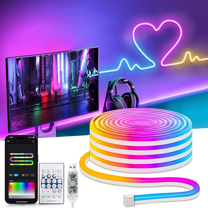 16.4Ft Smart Neon Rope Lights USB, LED Rope Lights IC & RGB Color Changing | Neon Strip Lights Outdoor Waterproof DIY with APP Control Music Sync for Gaming Room Living Indoor Decor