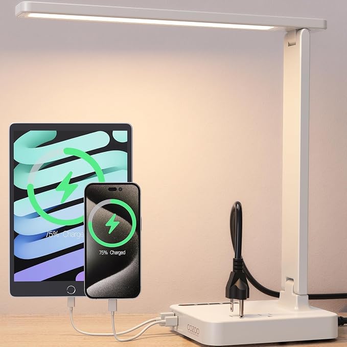 LED Desk Lamp for Dorm Office, USB-C & 2 AC Outlets Charging, White | LED Desk Lamps for Home Office with 2 USB Charging Ports(1 USB-C), 2 AC Outlets, Foldable Small Desk Lamp for Study Reading