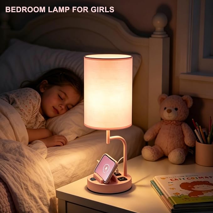 Dreamholder 2 Pack Table Lamp, Bedside Lamp with 3 USB Charging Ports & AC Outlet, USB Desk Lamp with 2 Phone Holders, Linen Fabric Shade Nightstand Lamps for Bedroom Living Room Office, Pink