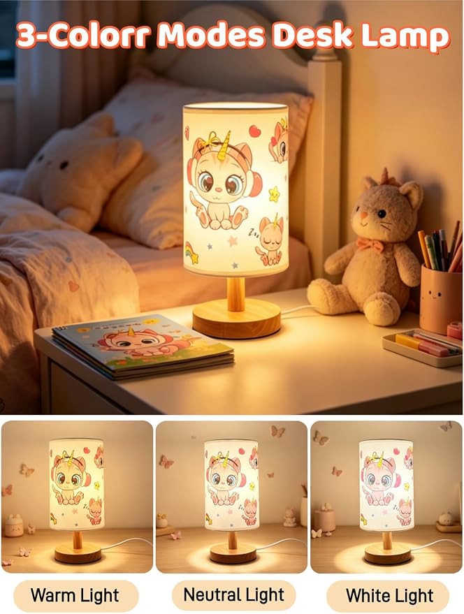Cat Lamp,Kitty Gifts for Girl,Kids Table Lamp for Bedroom Bedside Lamps,3 Colors Dimmable LED Nightstand Night Light with Flaxen Fabric Shade Desk Lamp for Boys Girls Room Nurser Decor