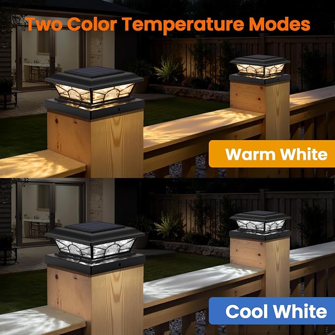 4x4 3.5x3.5 Solar Post Cap Lights 4-Pack Black | 2 Modes (Warm/Cool White), 16LEDs, for Wooden/Vinyl Posts, IP65 Waterproof, Outdoor, for Fence, Deck, Patio, Yard, Porch