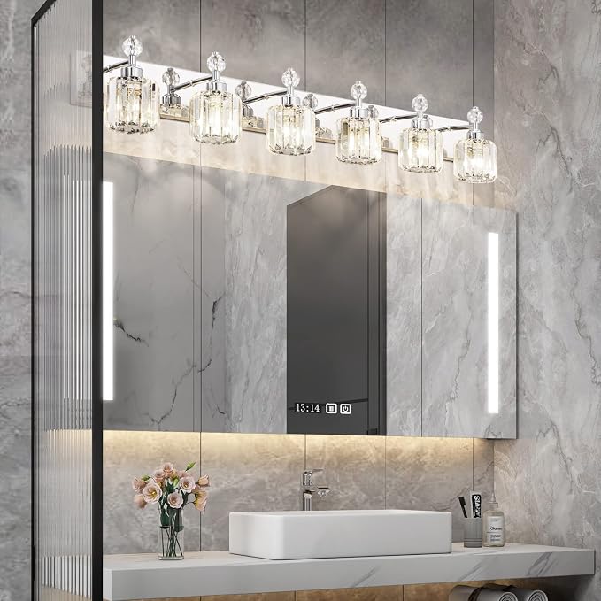 PRESDE Crystal 6 Light Bathroom Vanity Lights Chrom Bathroom Lights Fixtures Over Mirror Modern Bedroom Hallway