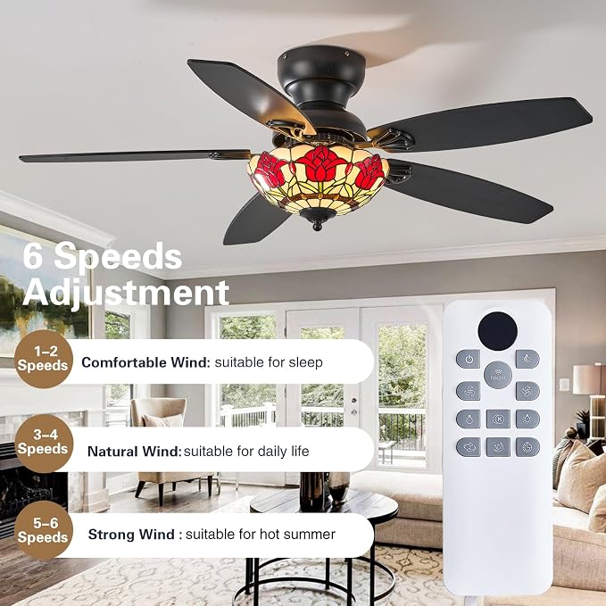 Tiffany Ceiling Fans with Lights-48"Ceiling Fan Chandelier and Glass Shade | 48" Ceiling Fan Chandelier with 5 Dual-Blades and Glass Shade, 6 Speeds and Reversible, Indoor and Outdoor, Retro Style