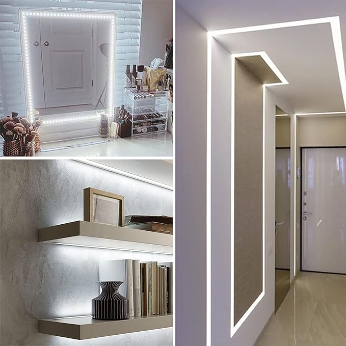 KOPMHYE 5M Dimmable LED Strip Lights Kits, 12V Tape Light, 300 2835 LED, 16.4ft 6000K Daylight White Ribbon with Power Adapter, Light Strips for Under Bed, Vanity Mirror, Cabinet, Non-Waterproof