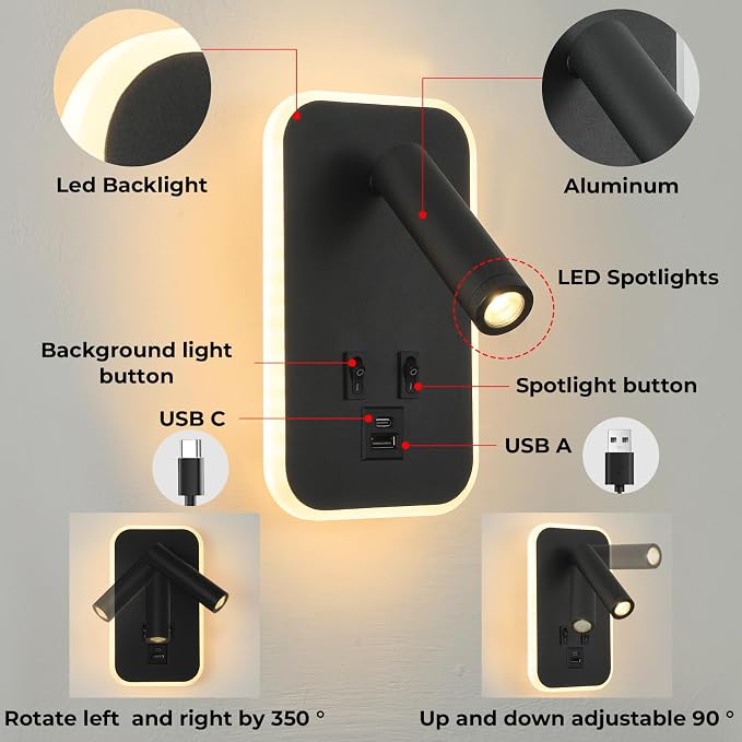 Wall Lamp with Wall Mounted Reading Lights,Modern Black Wall Sconce Plug in for Bedroom Living Room with Charging Station USB C+A Ports,Headboard Bedside Lamps with 3W+9W Night Light 3000K