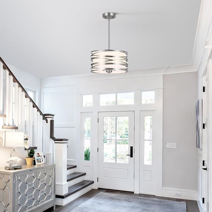 ACNKTZ 12.6'' Brushed Nickel Drum Chandelier, 3-Lights Hanging Dining Room Light Fixtures Over Table, Simple Round Pendant Lighting for Kitchen Island Hallway Bedroom Foyer Bathroom Office