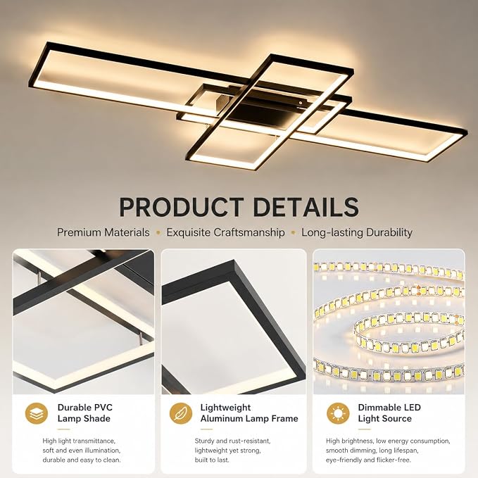 GEADI 60.2" Extra Large Modern LED Ceiling Light, Dimmable Chandelier | 112W Black Geometric Flush Mount Ceiling Lamp with Remote, 3000K-6500K Dimming, Memory, Chandelier for Living Room