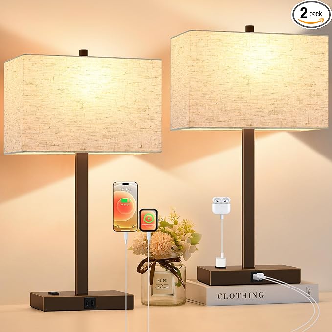 Lynnoland 21" Set of 2 Table lamp with USB A+C & AC Outlets, Touch Control 3-Way Dimmable Nightstand Lamps for Bedroom Living Room Office Reading, Line Shade Touch Lamps, 3000K LED Bulbs Included