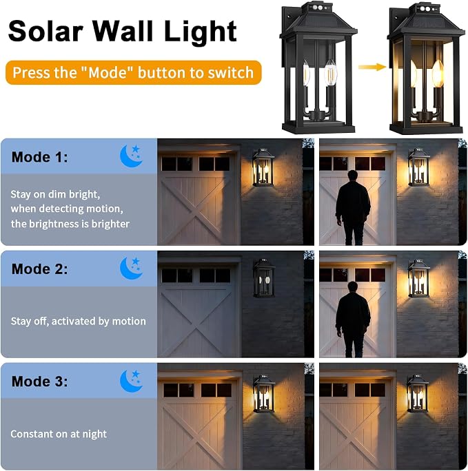 Solar Porch Lights Outdoor with Motion Sensor, Dusk to Dawn Waterproof Solar Wall Light with 3 Lighting Modes, Wall Sconce Light fixtures for Home Garage Porch Yard Front Door